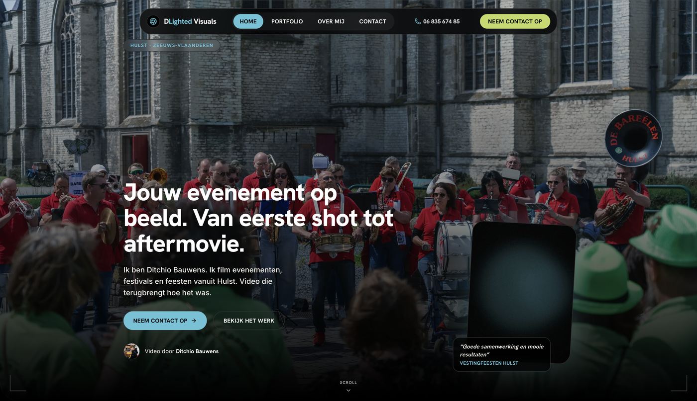 DLighted Visuals: Op maat gemaakte website voor DLighted Visuals, evenementenvideograaf Ditchio Bauwens uit Hulst, inclusief betaalbare hosting.
