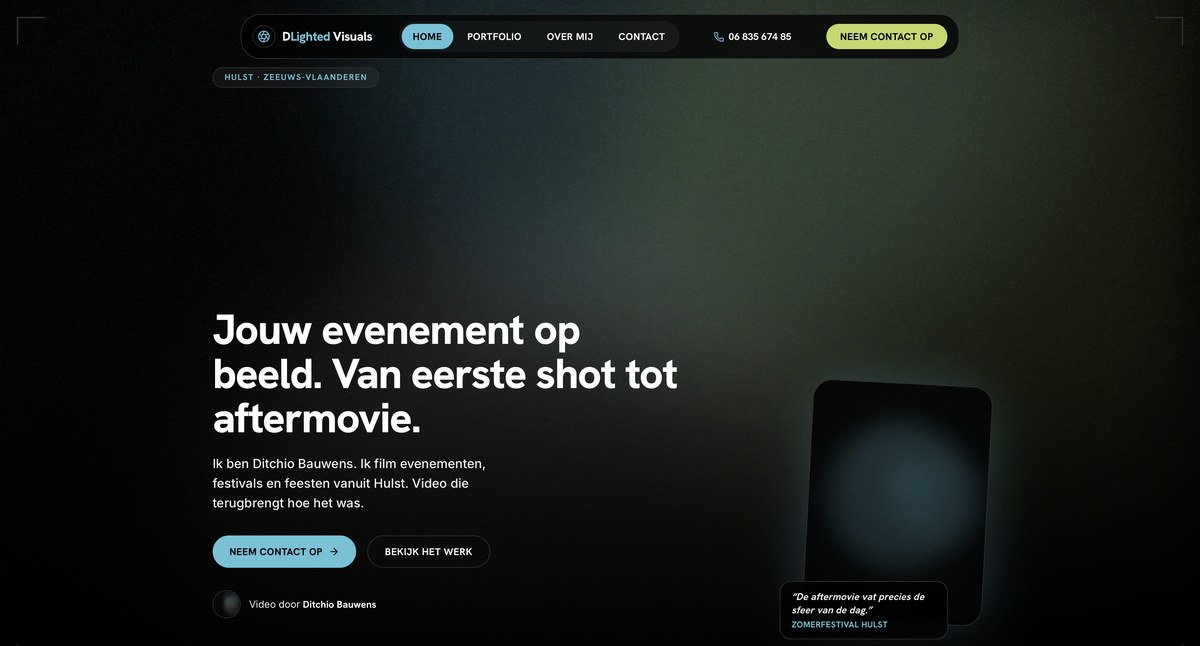 DLighted Visuals: Een videogerichte website voor een evenementenvideograaf uit Hulst, met aftermovies vooraan.