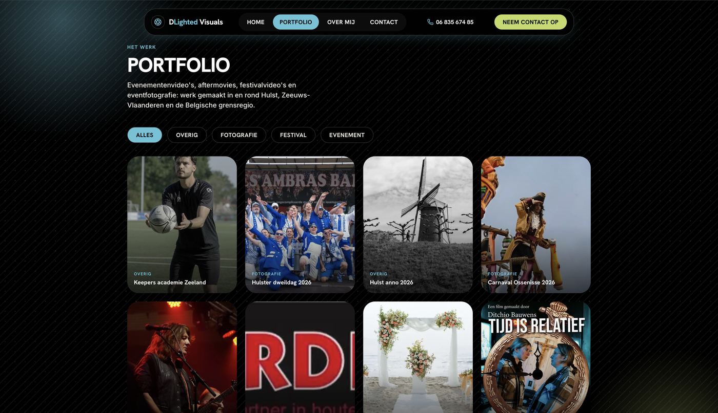 Portfolio-overzicht van DLighted Visuals, door Ditchio zelf beheerd via het ingebouwde CMS
