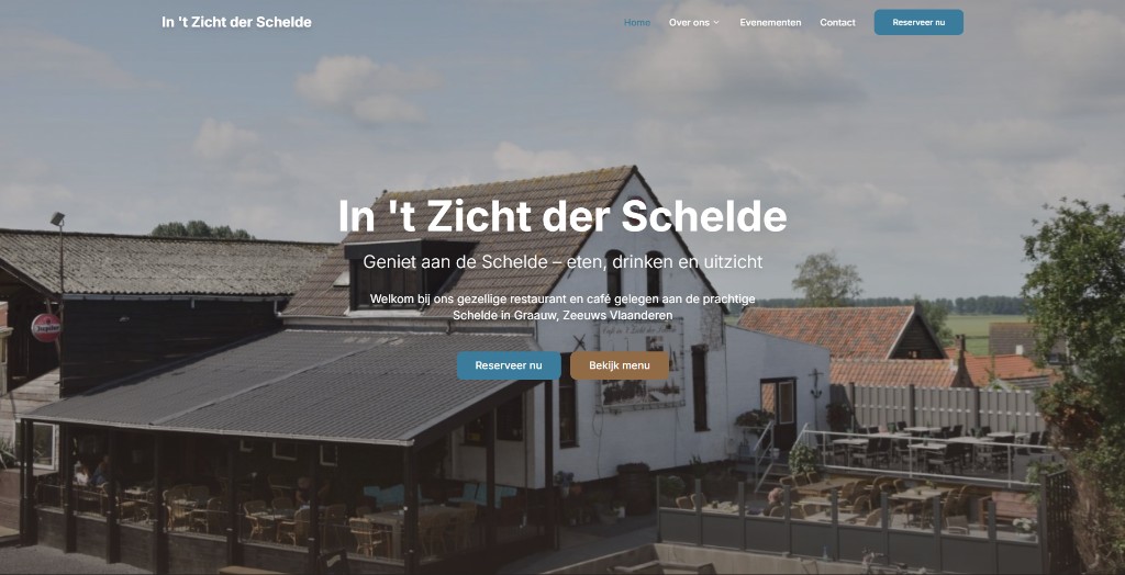 In 't Zicht der Schelde: Een restaurantwebsite met menukaart, sfeerfoto's en reserveren, zonder onnodige webshopfunctionaliteit.