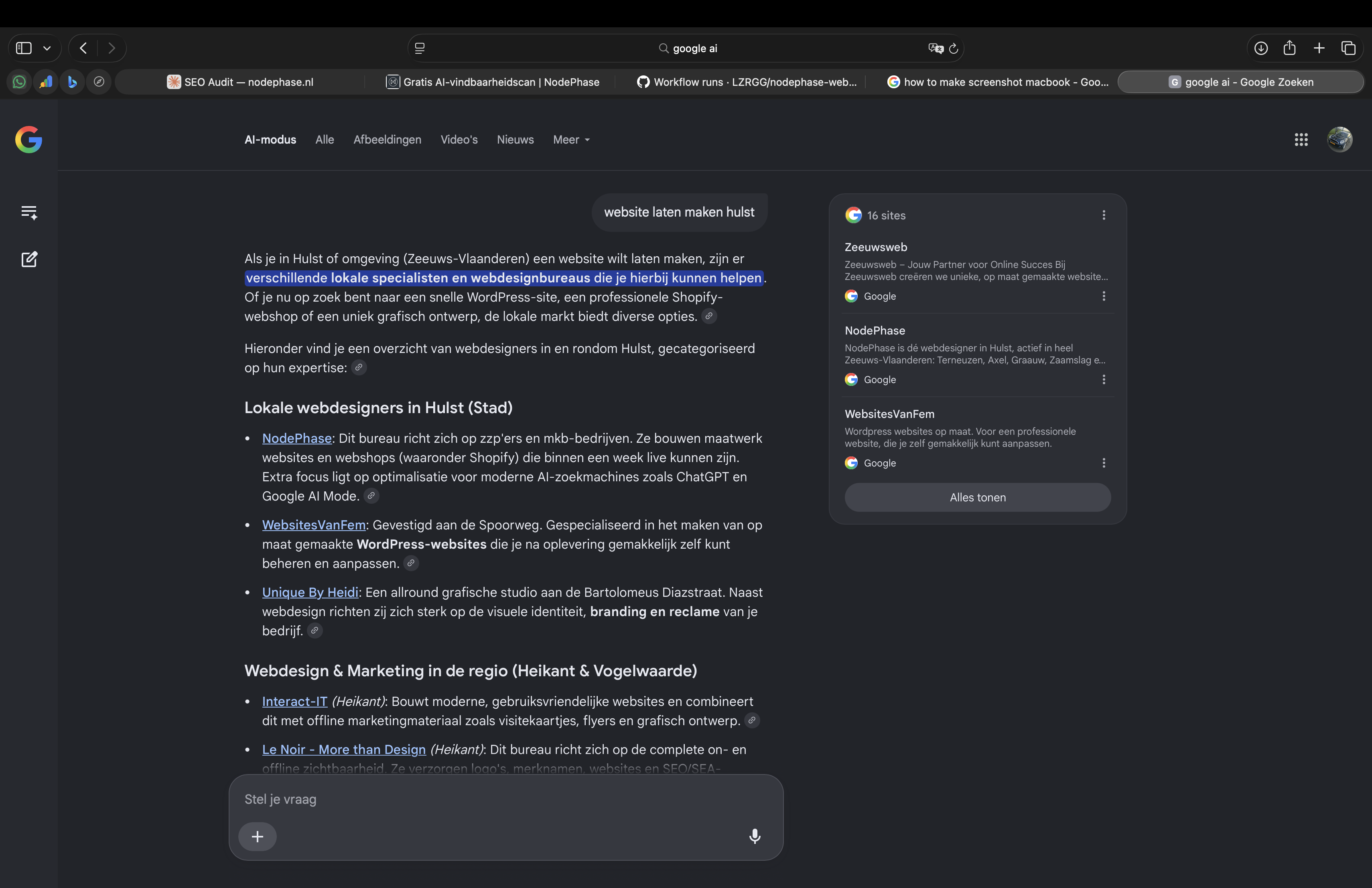 Google AI Mode antwoordt op 'website laten maken hulst' met een overzicht van lokale webdesigners, met NodePhase als eerste genoemd bureau inclusief beschrijving.