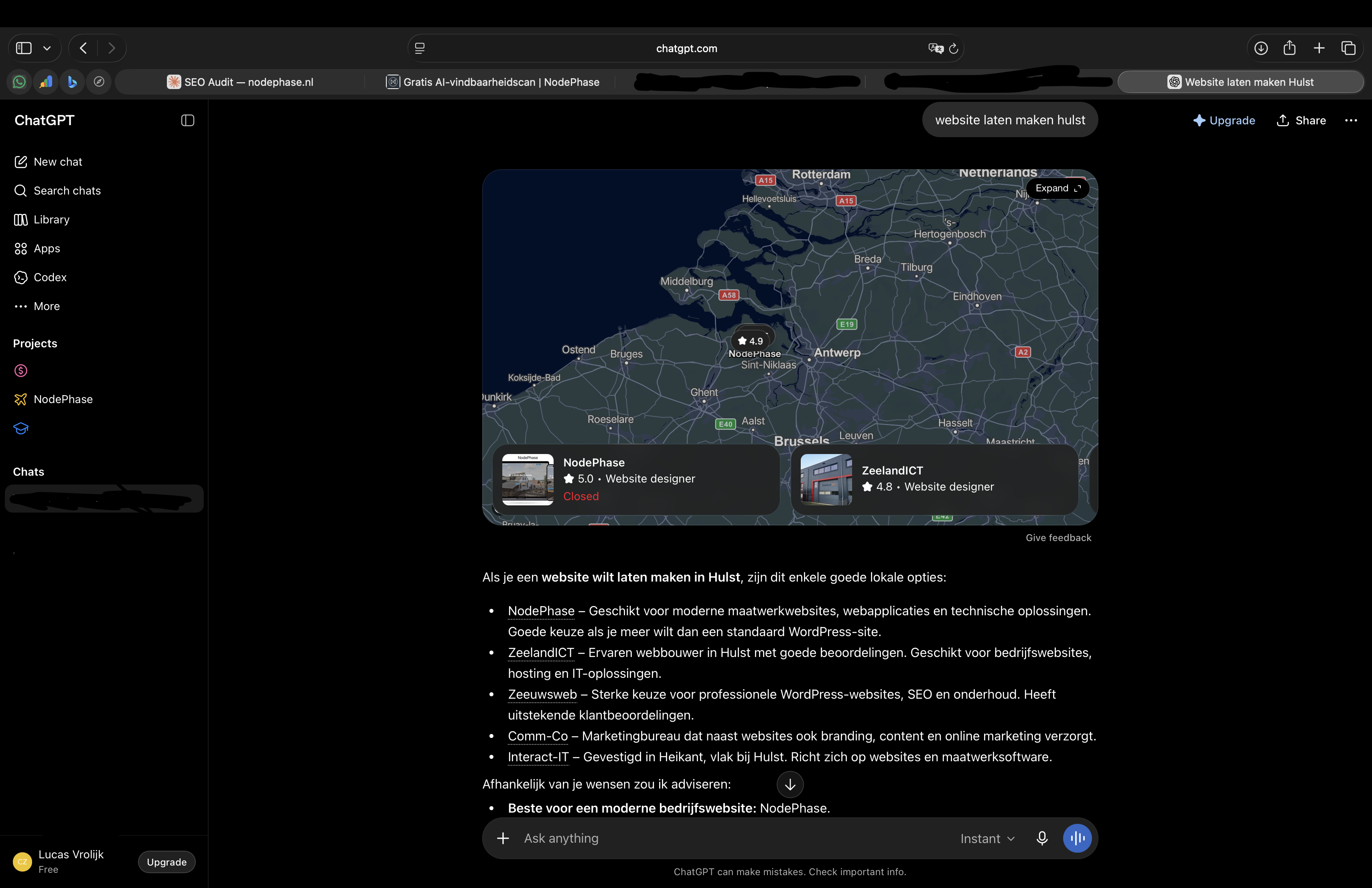 ChatGPT beantwoordt de vraag 'website laten maken hulst' en noemt NodePhase als eerste, beste aanbeveling voor moderne bedrijfswebsites.