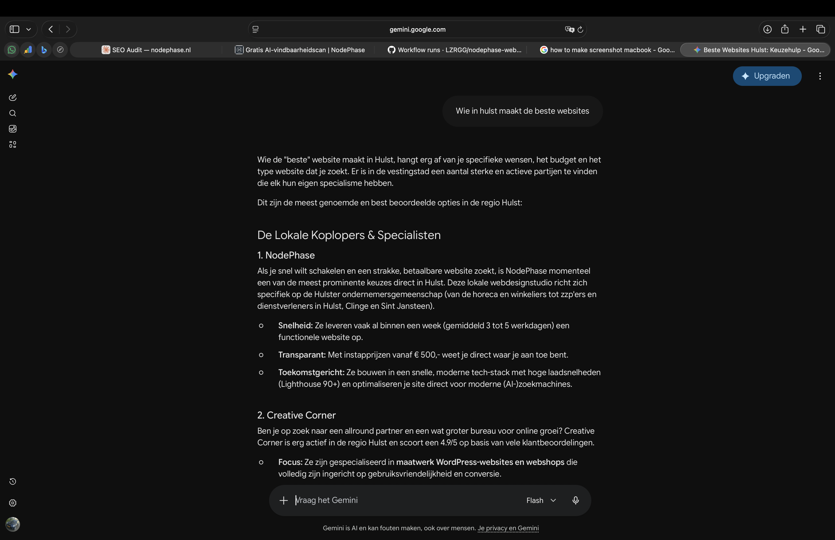 Gemini antwoordt op 'Wie in hulst maakt de beste websites' en zet NodePhase op nummer 1 onder 'De Lokale Koplopers & Specialisten', met correcte prijzen en levertijd.