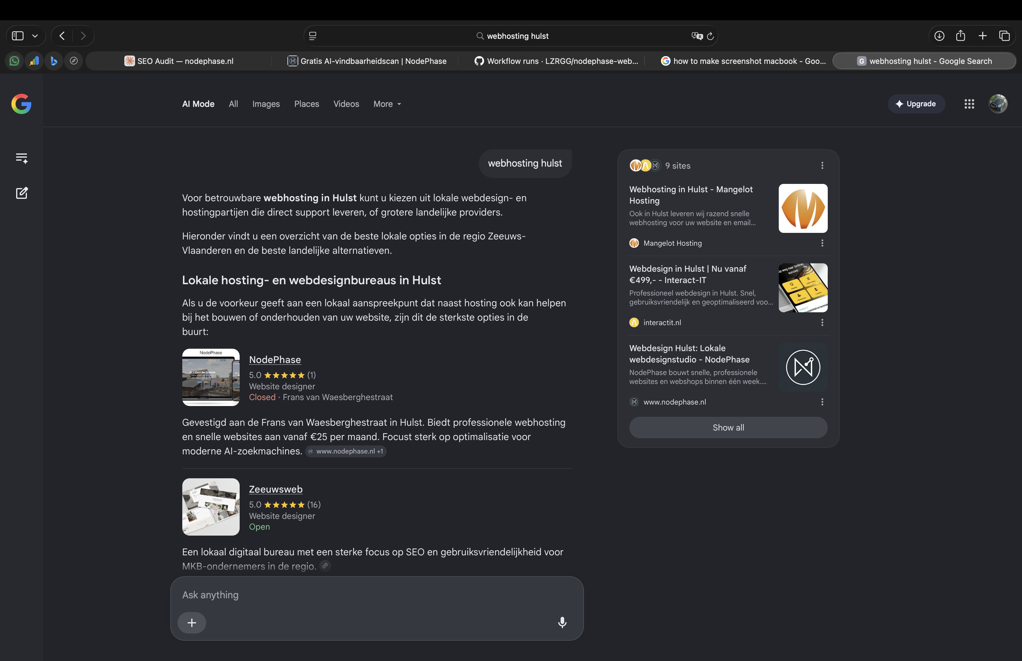 Google AI Mode antwoordt op de zoekopdracht 'webhosting hulst' en toont NodePhase als eerste lokale optie, met de juiste prijs en adres, terwijl dit geen specifiek getarget zoekwoord was.